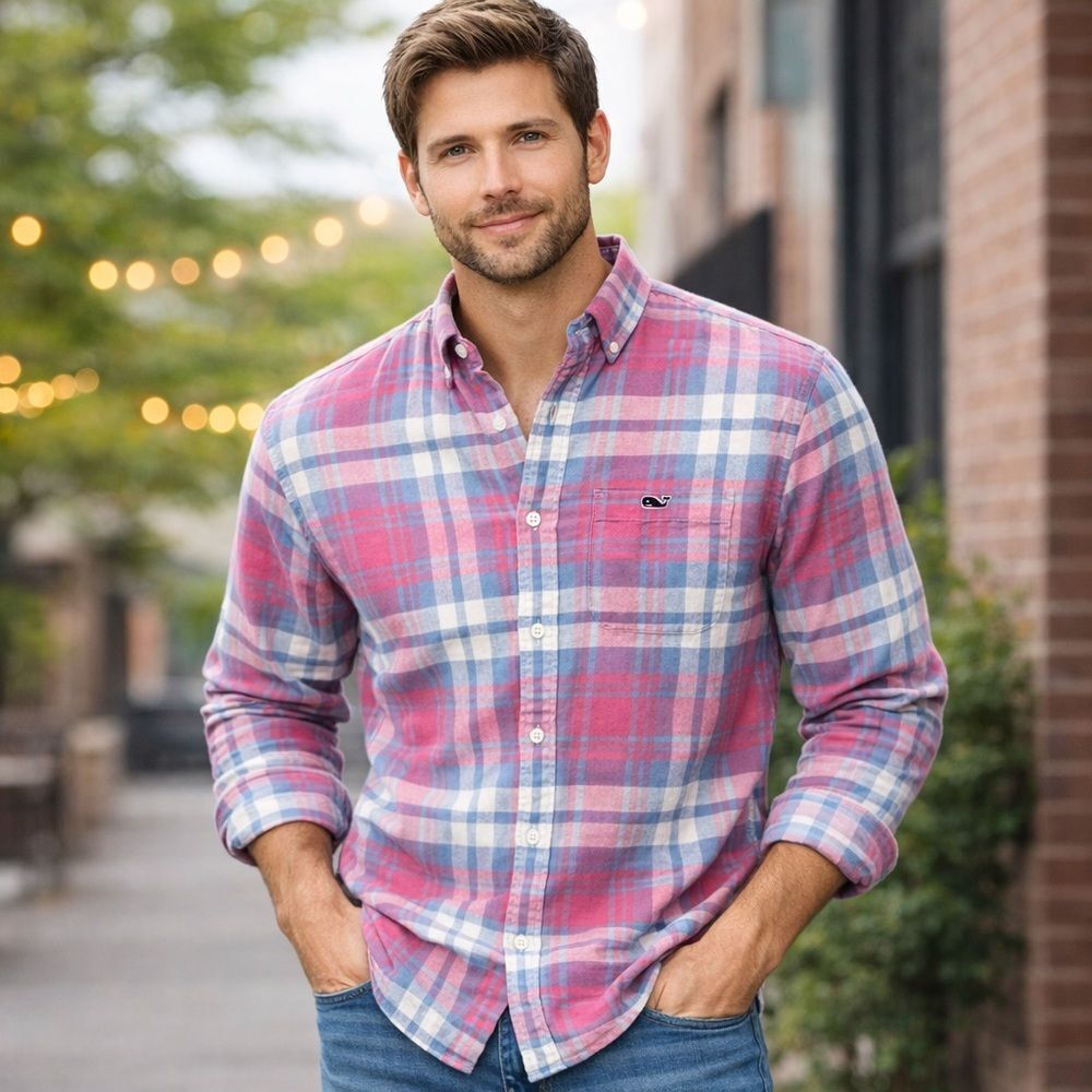 Vineyard Vines Slim Fit Tucker Shirt Pink Blue Plaid Light Flannel Men’s M
